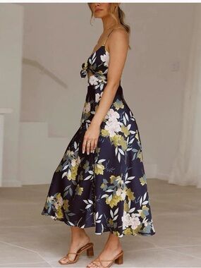 Amazon Navy Floral Tie-Front Midi Dress